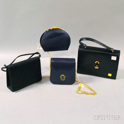 Four Black and Blue Leather and Silk Lady's Evening Bags and Purses