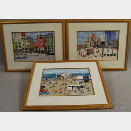 Barbara Corrigan (American, 1922-2012) Three Framed Gouache on Paper Works: Copley Square in Snow , Newbury Street Summer