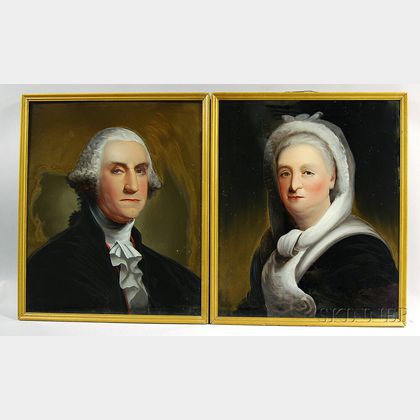 Attributed to William Matthew Prior (American, 1806-1873) Pair of Reverse-painted Portraits of George and Martha Washington