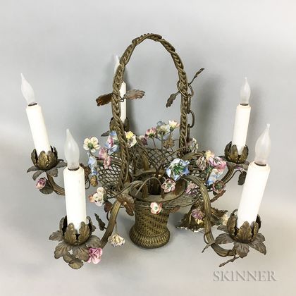 Brass and Ceramic Five-light Basket of Flowers Chandelier