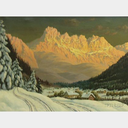 Framed Oil on Canvas Mountain Landscape
