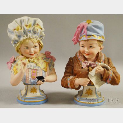 Pair of Painted Bisque Busts of a Boy with New York Herald Newspaper and a Girl with Snuff Box