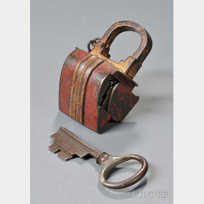 19th Century Russian Gilt and Red-painted Iron Padlock
