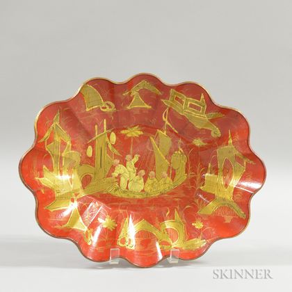 English Red-lacquered Chinoiserie-decorated Scalloped Bowl