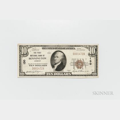 1929 The First National Bank of Bennington Type 1 $10 Note