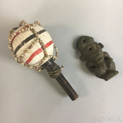 Carved and Painted Wood Rattle and a Stone Figure