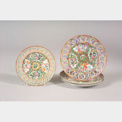 Four Chinese Export Porcelain Plates with Openwork Rim Borders
