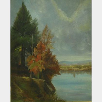 Framed Oil on Board Landscape of Trees by a Lake