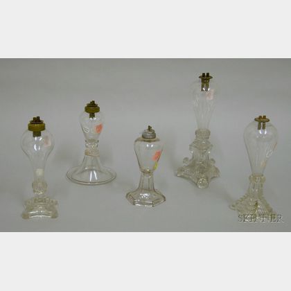Five Colorless Blown and Pressed Glass Whale Oil Lamps