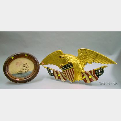 Carved and Painted Wooden Eagle and Shield Plaque and an Oval Carved and Painted Wooden Sailing Ship Panel