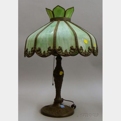Cast Iron Table Lamp with Green Slag Glass Bent Panel Shade