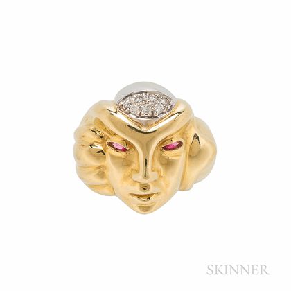 Andrew Sarosi 18kt Gold, Ruby, and Diamond Mask Ring