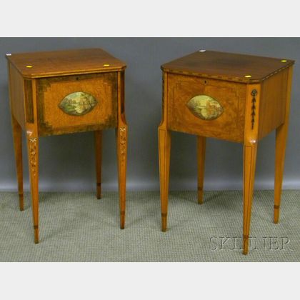 Two Joseph Gerte Co. Regency-style Hand-painted Landscape-decorated Inlaid Mahogany and Burl Veneer Side Cabinets