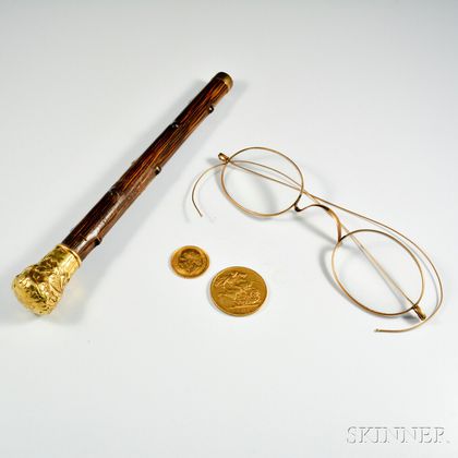 14kt Gold Cane Hilt, a Pair of Spectacles, and Two Gold Coins