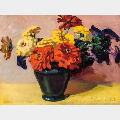 Jane Peterson (American, 1876-1965) Zinnias and Petunias in a Vase