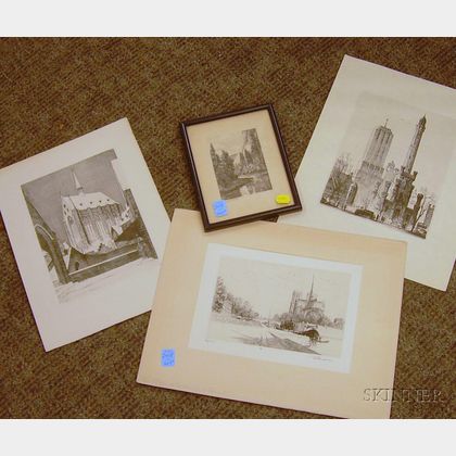 Lot of Four Framed and Unframed Landscape Etchings on Paper