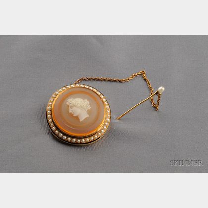 Antique 18kt Gold, Hardstone Cameo, and Seed Pearl Brooch