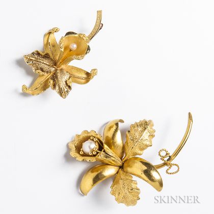 Two 18kt Gold and Pearl Orchid Brooches