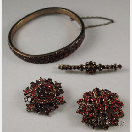 Four Antique Garnet Jewelry Items