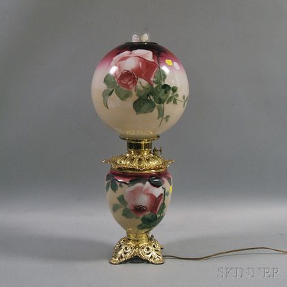 Late Victorian Hand-painted Glass Kerosene Lamp