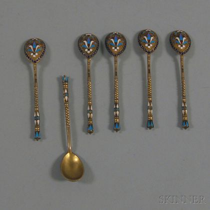 Set of Six Russian Gold-washed and Enameled Silver Egg Spoons