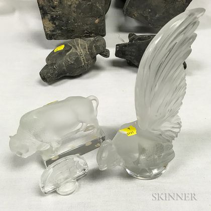 Modern Lalique Glass Buffalo, Rooster, and Ship-form Stopper
