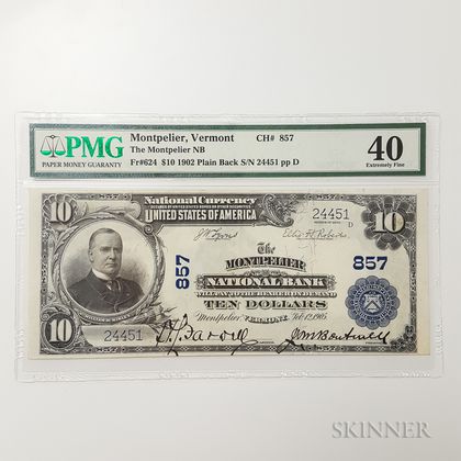 1902 The Montpelier National Bank Plain Back $10 Note, PMG Extremely Fine 40
