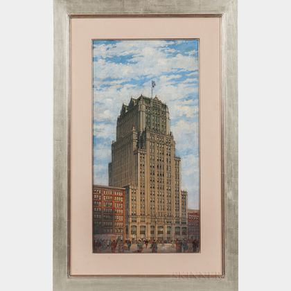 American School, 20th Century Architectural Watercolor, Oil, and Drawing: Tall Commercial Building with American Flag