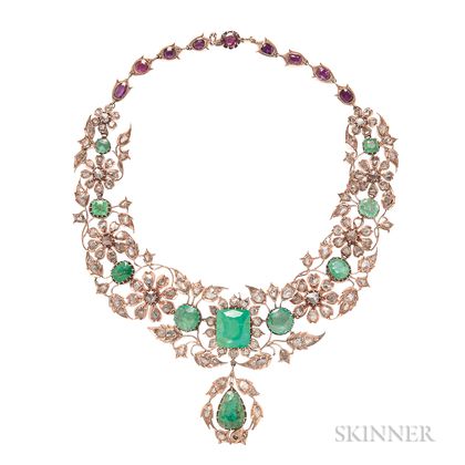 Large Gold, Emerald, and Rose-cut Diamond Necklace