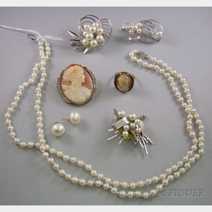 Boxed Bennet Brothers Double-strand Cultured Pearl Necklace, Three Pearl and Silver Brooches, a Pair of Pearl E... 
