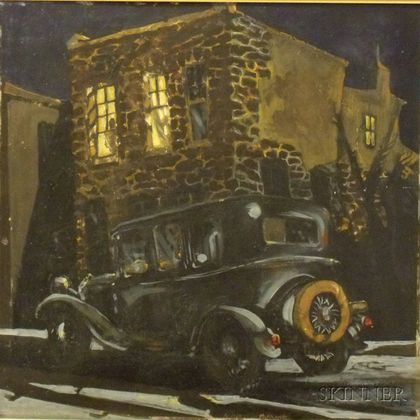 Framed Oil on Masonite Illustration of a Night Street Scene