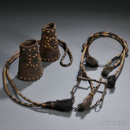 Old Horsehair Bridle and Pair of Brass-studded Leather Cowboy Cuffs