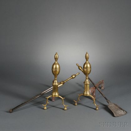 Pair of Federal Double Lemon-top Andirons, Two Tools, and a Pair of Jamb Hooks
