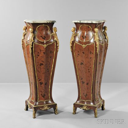 Pair of Louis XVI-style Marble-top Kingwood Pedestals