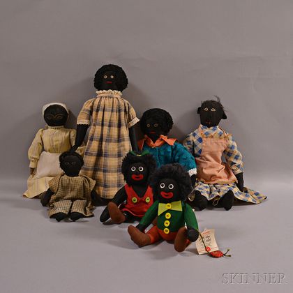 Five Black Rag Dolls and a Hermann Golli-girl and Golli-boy Doll. Estimate $200-300