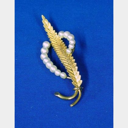 14kt Gold and Pearl Leaf Pin. 