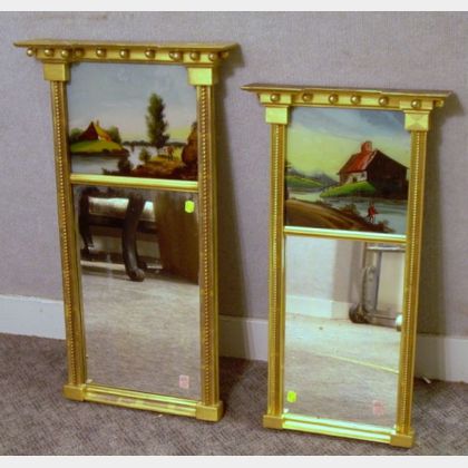 Two Federal Giltwood Tabernacle Mirrors with Scenic Reverse-painted Glass Tablets