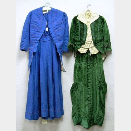 Victorian Two-Piece Embroidered Blue Wool Coat and Dress and a Victorian Two-piece Green Velvet Dress and Jacket