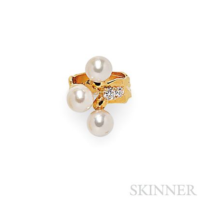 18kt Gold, Cultured Pearl, and Diamond Ring, Jean Mahie