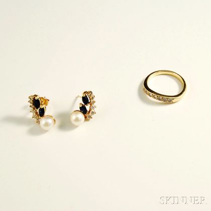 14kt Gold, Diamond, Pearl, and Gemstone Earrings and a 14kt Gold and Diamond Band
