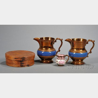 Three Copper Lustre Pottery Pitchers and a Covered Pantry Box