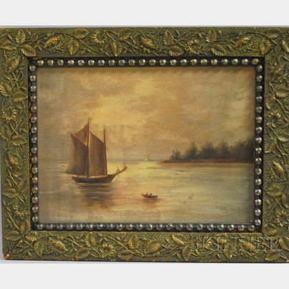 American School 19th Century Oil on Canvas Shoreline View with Boats
