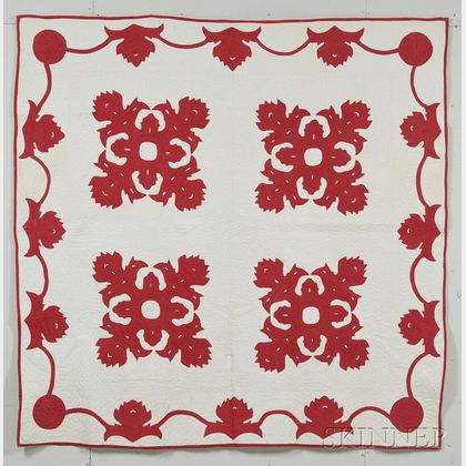 Red and White Cotton Appliqued Quilt
