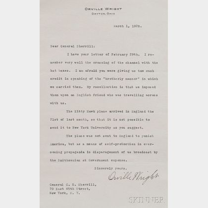 Wright, Orville (1871-1948) Typed Letter Signed, 1 March 1928.