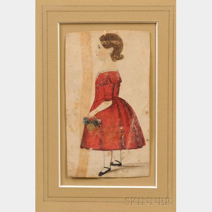 American School, 19th Century Portrait Miniature of a Girl Wearing a Red Dress Holding a Basket of Flowers.