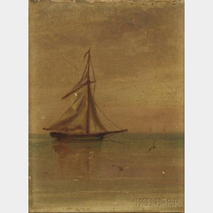American School, 19th Century Seascape with Sailboat and Seagulls