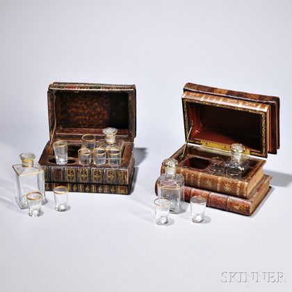 Two Cased Cordial Sets, France, early 20th century, the cases composed from small stacks of leather-bound 18th and 19th century French 