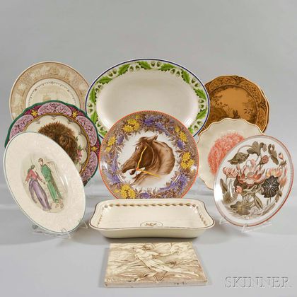 Ten Wedgwood Transfer-decorated Dishes and a Tile