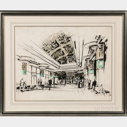 Architectural Watercolor Rendering of an Art Deco Hotel Lobby