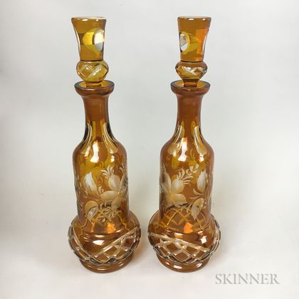 Pair of Continental Amber Glass Decanters